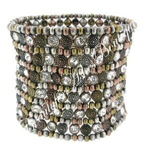 Wide Band Crystal Silver Bead Cuff TriTone Chunky Woman Warrior Stretch Bracelet